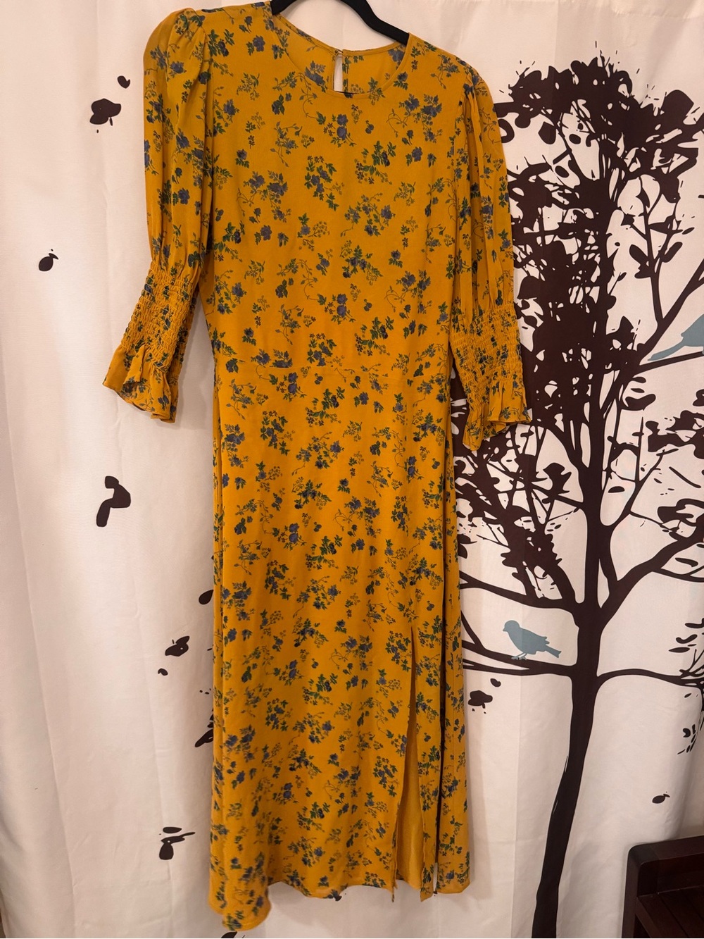 Reformation Mustard Floral Midi Dress with Smocked Sleeves